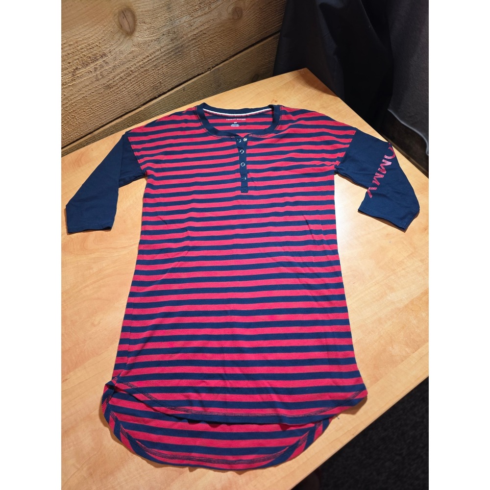Tommy Hilfiger Womens Red Navy Striped Waffle Knit Henley Top Small